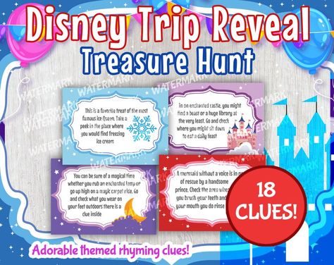 Disney Trip Reveal Scavenger Hunt Disney Trip Reveal Treasure | Etsy Trip Reveal Scavenger Hunt, Disney Trip Reveal, Disney Reveal, Clue Cards, Disney Surprise, Disney Countdown, Treasure Hunt Clues, Scavenger Hunt Clues, Disney Treasures