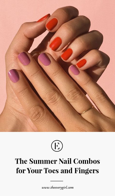 Summer 2020 Nail and Toe Combos to Wear | The Everygirl Unique Nail Color Combos, Late Summer Manicure, Fingernail And Toenail Combinations, 2024 Mani Pedi Combos, Late Summer Nail Colors 2023, Nail Color Combinations Summer, Two Tone Manicure, Mani Pedi Combos Spring 2024, Late Summer Pedicure Colors