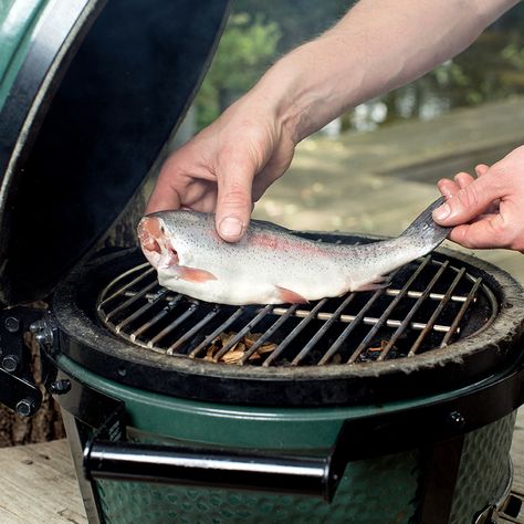 Big Green Egg | Gerookte zalmforel op toast T Bone Steak, Big Green Egg, Wood Chips, Snacks Für Party, Green Eggs, Pecans, Grilling, Toast, Fishing