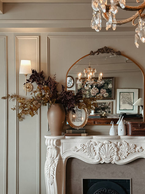 French Mantle Decor, Mirrors Next To Fireplace, Fireplace Mantle Ideas Decoration, Vintage Fireplace Mantle Decor, Victorian Fireplace Living Room, Cottage Style Fireplace, Traditional Mantle Decorating Ideas, Decorating Fireplace Mantel, French Fireplace Surround