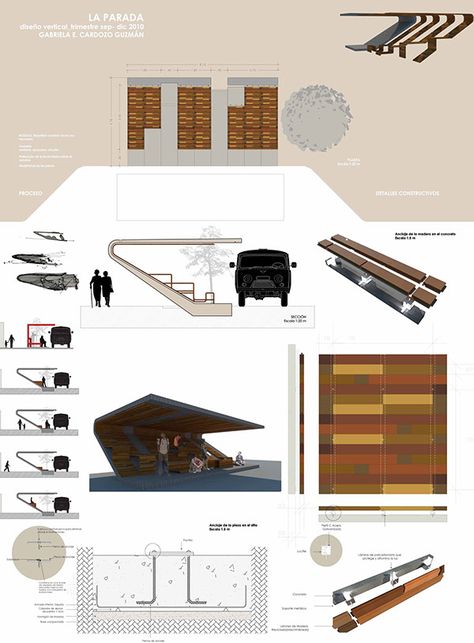 Descripción de la ObraPropuesta de una parada de autobuses basadaen la fl exibilidad del material y la ergonomía ofrecidaal usuario durante la esperaEjercicio de Diseño 9ArquitecturaGabriela Elena Cardozo Guzmán.Año de Proyectotrimestre septiembre… Architectural Lettering, Gothic Architecture Drawing, Bus Stop Design, Urban Design Architecture, Bus Shelters, Paper Architecture, Shelter Design, Garage Door Design, Industrial Design Furniture