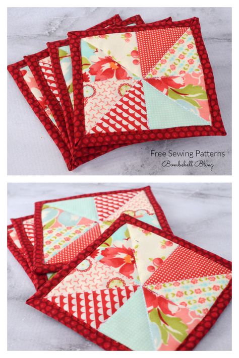 Scrap Fabric Patchwork Coasters Free Sewing Tutorial Patchwork Coasters Free Pattern, Fabric Coasters Diy Free Pattern, Quilted Coasters Patterns Free, Sewing Coasters, Patchwork Coasters, Fabric Art Diy, Quilted Coasters, Sewing Courses, Fabric Patchwork