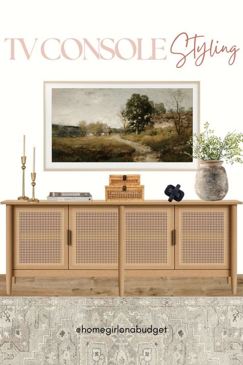 Tv Console Table Decorating, Under Tv Console, Console Table Under Tv, Cane Media Console, Under Tv Decor, Decor Under Tv, Tv Console Decorating, Tv Console Decor, Tv Stand Decor Living Room