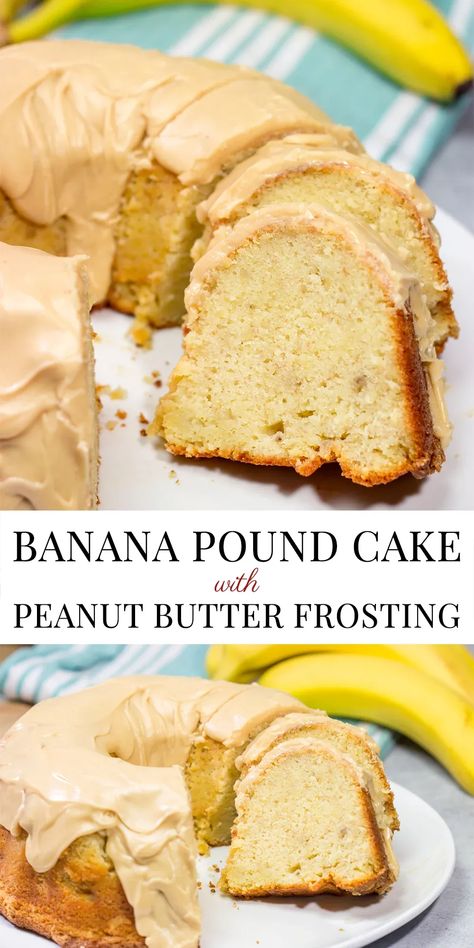 This Banana Pound Cake with Peanut Butter Frosting features a divine banana bread pound cake topped with a delicious peanut butter frosting. I think Elvis would've approved! Peanut Butter Pound Cake Recipe, Banana Pound Cake, Best Ever Banana Cake, Peanut Butter Pound Cake, Castella Cake Recipe, Cake With Peanut Butter Frosting, Banana Bundt, Cake Portions, Sour Cream Pound Cake