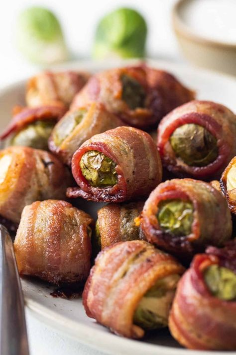 Bacon Wrapped Brussels Sprouts - Fit Foodie Finds Bacon Wrapped Brussels Sprouts Recipe, Bacon Wrapped Brussels Sprouts, Bacon Wrapped Brussel Sprouts, Bacon Wrapped Appetizers, Low Carb Meats, Fit Foodie Finds, Bacon Wrapped Dates, Asparagus Bacon, Salmon And Shrimp