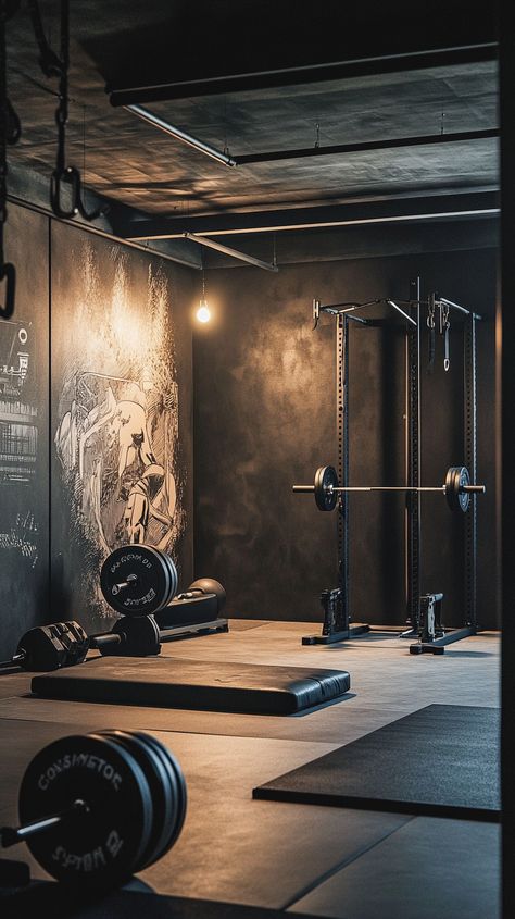 Unleash your inner Scorpio 🦂 with an intense CrossFit gym setup! Embrace industrial vibes with heavy-duty equipment and powerful motivational wall art. Dive into your workouts under dramatic lighting, transforming your space into a powerhouse of determination and strength. 💪✨ #FitnessGoals Gym Design Interior Industrial, Black Gym Interior, Dark Gym, Gym Background, Homemade Gym, Homemade Gym Equipment, Fitness Backgrounds, Gym Design Interior, Gym Photography