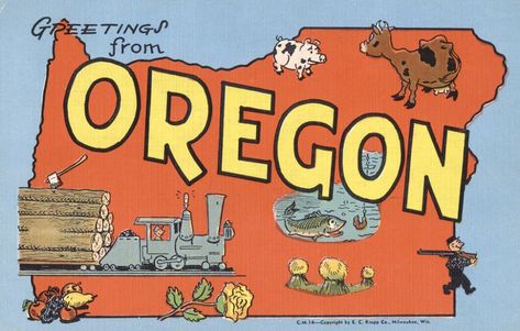 Greetings from Oregon | Oregon - area 96,699 sq. miles of wh… | Flickr Oregon Caves, Oregon Map, Map Art Print, Vintage Linen, Large Letters, Comic Styles, Post Cards, Map Poster, Vintage Linens