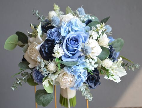 Faux Dusty Blue Wedding Bouquet Dark Navy Blue Ivory Bridal - Etsy Wedding Bouquet Dark, Blue And White Wedding Theme, Dusty Blue Wedding Bouquet, Navy Wedding Bouquet, Blue Wild Flowers, Lambs Ears, Ivory Bridal Bouquet, Teardrop Bouquet, White Wildflowers