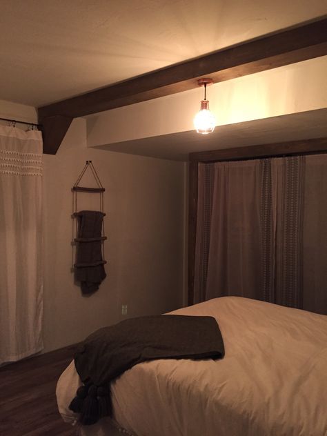 Faux beam with hanging light /garage to master bedroom Reno Beam Bedroom, Decorate Corner, Faux Beams, Floor Layout, Hanging Pendant, Shelf Design, Hanging Pendant Lights, Hanging Light, How To Decorate