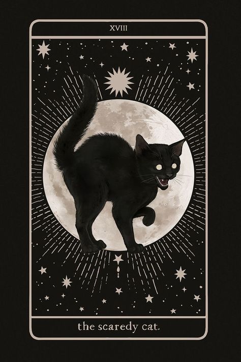 A hissing black cat with an arched back in front of an autumn full halloween moon. Tarot Card Artwork, Pumpkin Painting Party, Halloween Tarot, Card Artwork, Scaredy Cat, Tarot Art, Witchy Vibes, Cat Aesthetic, Cat Illustration