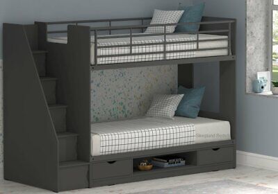 bedsnfurniture.com - Looking for similar products - Visit our website. This 3ft single bunk bed has lots of storage both underneath the bed, and also within the stairs.The staircase can be fitted to either the left or right hand side when you are building it. This bunk bed is also hard wearing and durable. Grey Bunk Beds, Bunk Bed With Stairs, Bunk Bed Safety, Bed With Stairs, Staircase Bunk Bed, Beds With Storage, Storage Stairs, Childrens Bunk Beds, Kids Beds With Storage