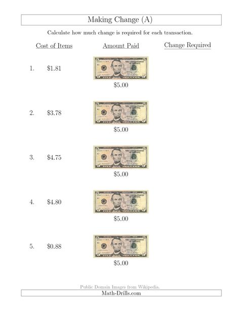 The Making Change from U.S. $5 Bills (A) math worksheet from the Money Worksheet page at Math-Drills.com. Making Change Worksheets, Money Math Worksheets, Math Fractions Worksheets, Making Change, Life Skills Classroom, Money Math, Money Worksheets, Elementary Lesson Plans, 5 Dollars