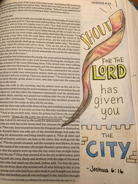 Bible Journaling Joshua 6:16, the Battle of Jericho. Pitt artist pen and Prismacolor pencils Joshua Bible Journaling, Bible Annotations, Joshua Bible, Battle Of Jericho, Book Of Joshua, Bible Journal Notebooks, Christian Journal, Bible Drawing, Bible Journaling Ideas Drawings