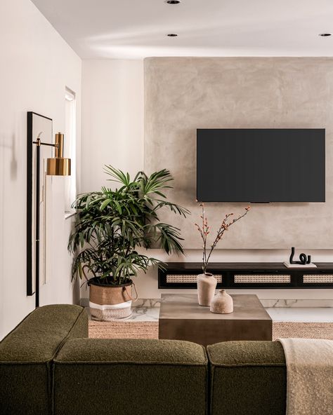 living room, TV wall, sofa, interiors, concrete wall ideas Statement Tv Wall, Tv Wall In Living Room, Concrete Tv Wall, Modern Farmhouse Apartment, Wall In Living Room, West Facing House, Farmhouse Apartment, Drop Ceiling Lighting, 1970s Home