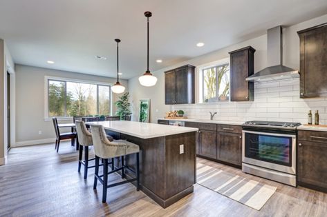 Single Wall Kitchen Layout, Single Wall Kitchen, One Wall Kitchen, Dark Wood Cabinets, White Backsplash, Wall Kitchen, Island Ideas, Elegant Lighting, Kitchen Layout