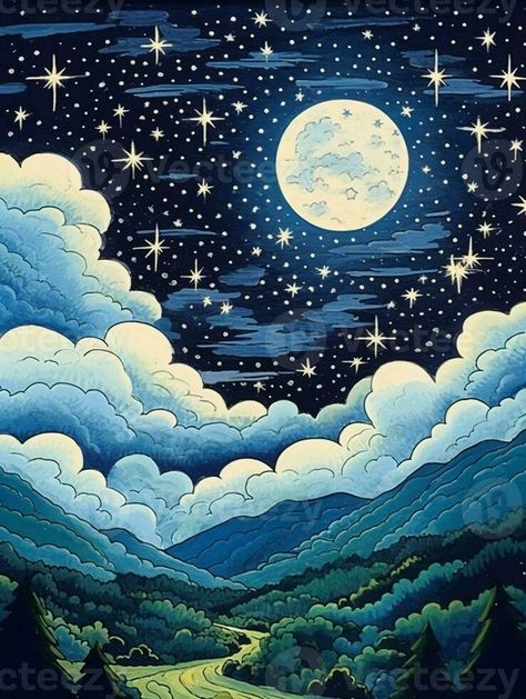 illustration of a moonlit night, with stars twinkling in the sky and clouds. AI generative Night Sky Illustration, Clouds Night Sky, Moon With Clouds, Dream Illustration, Mystic Illustration, Cloud Illustration, Night Illustration, Moonlit Night, Dark Clouds