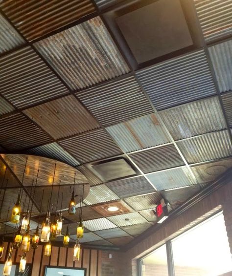 Because I Love This Ceiling! | The Twin Cedars Ceiling Update, Tile Makeover, Ceiling Makeover, Kaffe Bar, Butik Design, Industri Modern, Acoustic Ceiling Tiles, Drop Ceiling Tiles, Corrugated Tin