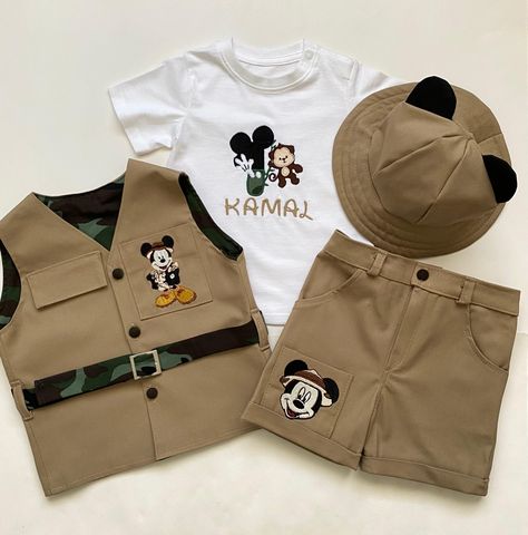 Mickey Mouse Safari Outfit, Toddler Suit, Kid Birthday Outfits, Safari Outfit, Safari Outfits, Mickey Safari, Safari Theme Birthday, Mini Mouse, Safari Birthday