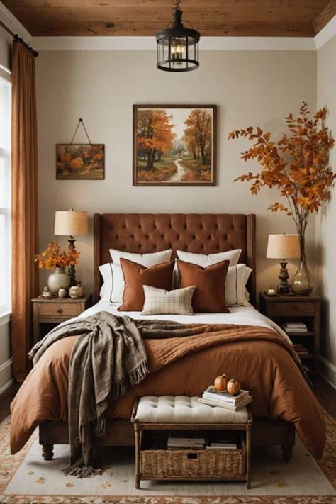 Fall Home Vibes, Guest House Decorating Ideas, Dream Room Inspiration Cozy, Fall Home Interior, Bedroom Autumn Decor, Autumn Inspired Bedroom, Fall Bedding Cozy, Fall Master Bed Decor, Fall Aesthetic Home Decor