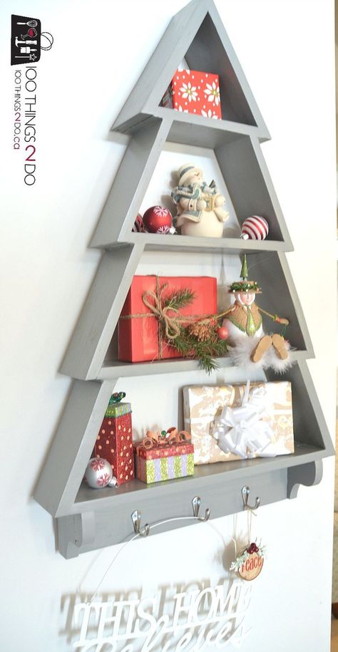 DIY Christmas Tree Shelf - 100 Things 2 Do Diy Wood Christmas Tree, Scrap Wood Christmas, Christmas Tree Shelf, Shelf Tree, Wood Christmas Decor, Free Building Plans, Diy Tree Decor, Christmas Diy Wood, Tree Shelf