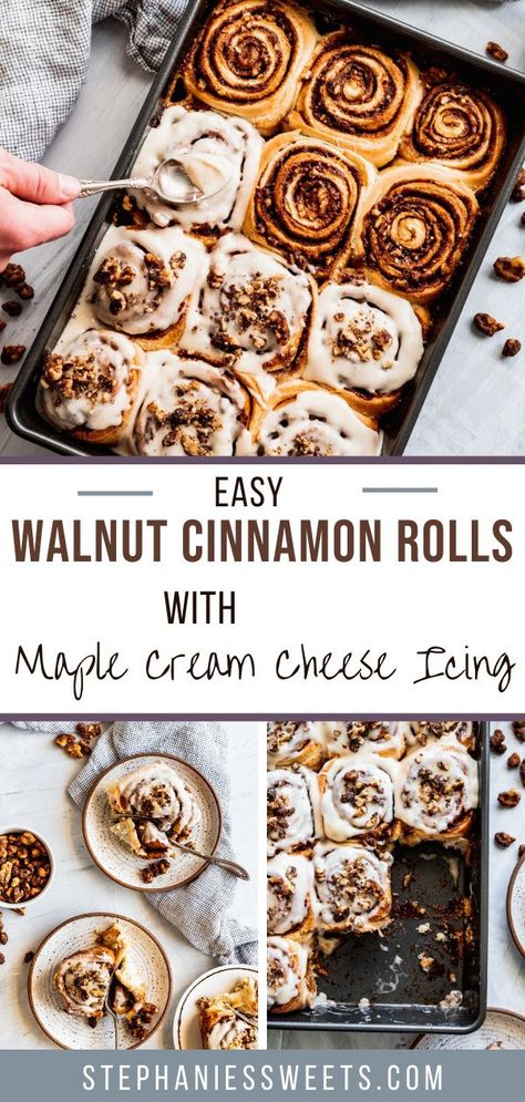 These cinnamon rolls are gooey, soft and homemade. They are filled with maple walnuts. Topped with maple cream cheese icing and more walnuts Cinnamon Walnut Rolls, Maple Walnut Cinnamon Rolls, Cinnamon Rolls With Walnuts Homemade, Walnut Cinnamon Rolls, Cooking Therapy, Farmhouse Recipes, Work Breakfast, Cinnamon Roll Icing, Maple Cream Cheese