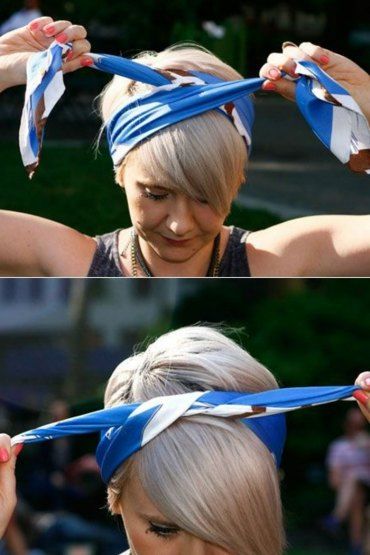 Bandana frisuren blaues haarband binden kutze blonde glatte haare Bandana Hairstyles Short, Headbands For Short Hair, Tie A Scarf, Peinados Recogidos, Updos For Medium Length Hair, Bandana Hairstyles, Hair St, Short Hair Older Women, Hair Color Dark