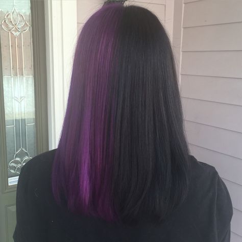 Awesome half and Half hair! Pravana vivids violet and black! Purple vibes  Plano Texas Half And Half Purple And Black Hair, Half Brown Half Purple Hair Split, Half Purple Half Black Hair Short, Split Dyed Hair Purple And Black, Half Black Half Purple Hair Split, Black And Purple Split Dye, Half Purple Half Black Hair, Hair Split Dye, Half Dyed Hair