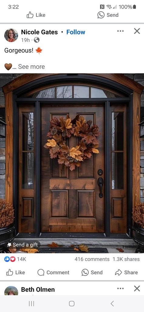 How To Restain Wood, Stained Front Door, Brown Front Doors, Rustic Front Door, Log Cabin Living, Forest Lodge, Brown Doors, Mahogany Doors, Front Doors With Windows