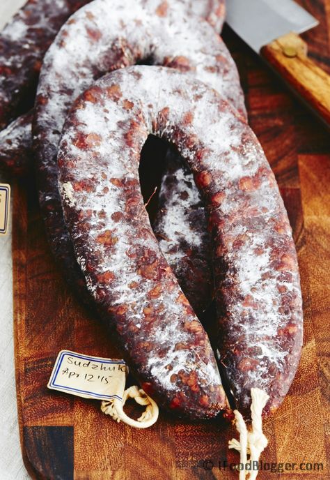 Homemade sujuk  - dry cured beef sausage made from scratch - absolutely delicious. Curing Chamber, Cured Beef, Preserving Meat, Meat Curing, Cured Meat Recipes, Salami Recipes, Sausage Making Recipes, Home Made Sausage, Homemade Bacon