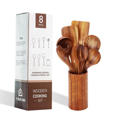 PRICES MAY VARY. 【HANDMADE WOODEN SPOON】: Our solid teak wooden kitchen utensils are handmade without any coating, ensuring they can be safely heated to 450°C (842°F) and won't deform or crack. The unique and beautiful textures on the surface make them a long-lasting addition to your kitchen. 【8 PCS WOODEN KITCHEN UTENSIL SET】: Our 8-piece wooden cooking utensil set includes everything you need for stirring, flipping, serving, and more. With a stirring spoon, slotted spoon, flat spatula, rice sc Best Kitchen Utensil Set, Rv Meals, Wooden Cooking Utensils Set, Wooden Utensils Set, Kitchen Photography, Wooden Cooking Utensils, Handmade Wooden Spoons, Kitchen Finds, Wooden Kitchen Utensils