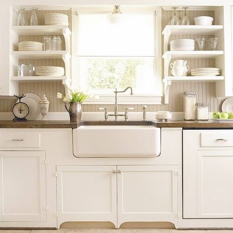 white kitchen farmhouse sink open shelves beadboard kitchen backsplash rustic kitchen decor Farmhouse Kitchen Colors, Trendy Farmhouse Kitchen, Interior Design Minimalist, French Country Kitchens, Farmhouse Kitchen Cabinets, Open Kitchen Shelves, Cabinets And Countertops, Kitchen Farmhouse, Farmhouse Style Kitchen