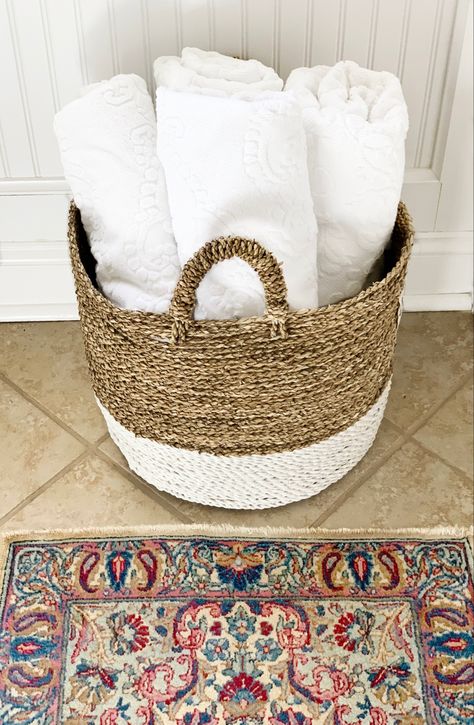 Here is a bathroom addition that anyone can create. It’s perfect for a guest bathroom for quick access to comfy towels.    #guestbathroom #bathroom #bathroomdecor #guestroom #towel #basket #storage #merzelifestyle Bathroom Towels In Basket, Towel Basket Bathroom, Apartment 2023, Diy Bathroom Design, Towel Basket, Basket Bathroom, Service Packages, Bathroom Addition, Bathroom Inspiration Modern