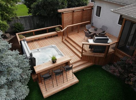 Hot Tub Recessed In Deck, Backyard Deck Ideas On A Budget, Deck With Hot Tub, Hot Tub Deck Design, Hot Tub Privacy, Spa House, Backyard Vacation, Sunken Hot Tub, Round Hot Tub