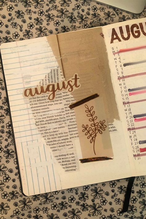 Brown scrapbook august bullet journal cover page Bullet Journal Month Cover, Brown Scrapbook, Collage Scrapbook Layouts, August Bullet Journal Cover, Stationary Aesthetic, August Bullet Journal, Organization Goals, Journal Cover Page, Friends Journal