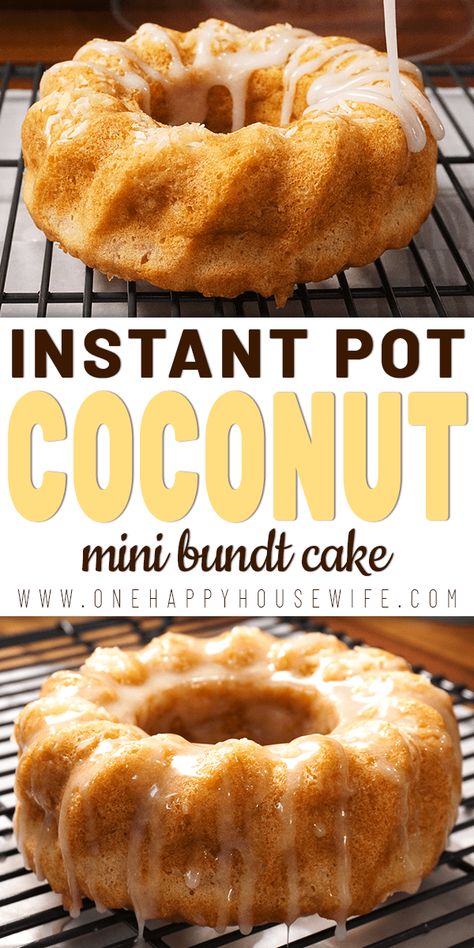 Topped with a heavenly creamy coconut glaze, this Instant Pot coconut cake is so amazingly delicious. Easy and few ingredients. From Valerie @ One Happy Housewife - onehappyhousewife.com #instantpotcake #bundtcake #instantpotcakes #cake #instantpot #instantpotdessert #dessert #coconutcake #onehappyhousewife Instant Pot Cake Recipe, Coconut Bundt Cake, Pressure Cooker Desserts, Coconut Glaze, Gateau Harry Potter, Pot Cakes, Electric Pressure Cooker Recipes, Happy Housewife, Mini Bundt Cakes