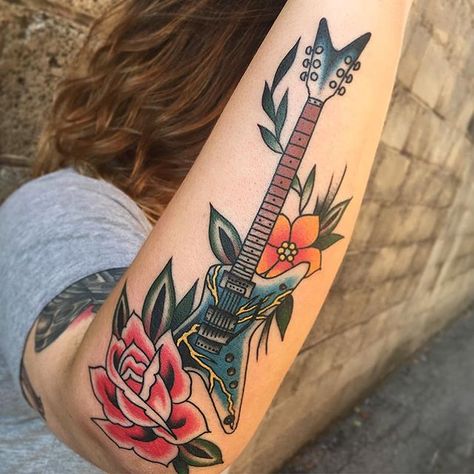 Neo Traditional Music Tattoo, Red Guitar Tattoo, Guitar Pic Tattoo, Old School Guitar Tattoo, American Traditional Guitar Tattoo, Music Traditional Tattoo, Traditional Guitar Tattoo, Traditional Music Tattoo, Bass Guitar Tattoo