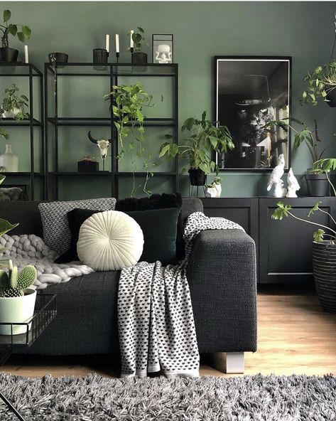 Black And Dark Green Home Decor, Green And Grey Home Decor, Green Wall Living Room Black Furniture, Black And White Living Room With Green Accent, Green And Black House Aesthetic, Black White And Green Interior Design, Black White Grey Green Interior, Black Evergreen Living Room, Sage Black Living Room