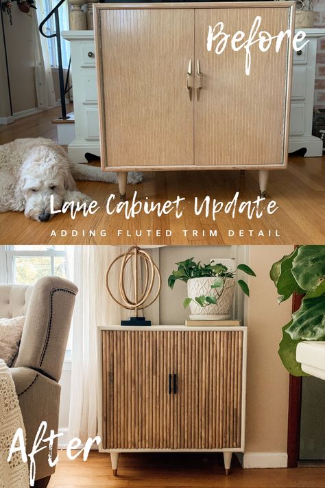 Adding a Stained Fluted Trim Detail To Update this Mid Century Modern Lane Cabinet Diy Mid Century Modern Decor, Fluted Trim, Diy Mid Century Modern, Mid Century Modern Cabinets, Diy Modern Furniture, Mid Century Cabinet, Mid Century Modern Dresser, Home Decor Hooks, Hallway Ideas Entrance