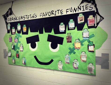 "Frankenstein" October bulletin board idea. Fall Interactive Bulletin Boards, Frankenstein Bulletin Board, Frankenstein Bulletin Board Ideas, Disney Bulletin Boards, Camping Bulletin Boards, Snowman Bulletin Board, October Bulletin Board, Book Bulletin Board, December Bulletin Boards