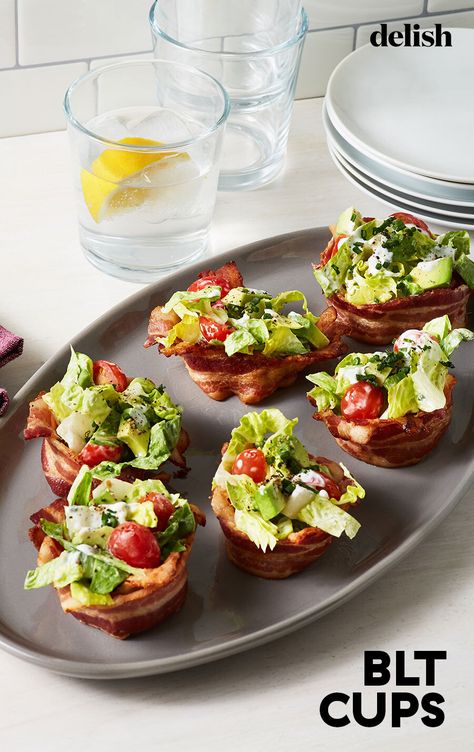 These lighter BLTs skip the bread and put major emphasis on the bacon. #mini #appetizers #keto #easy Blt Cups, Low Carb Blt, Cheese Cups, Cherry Tomato Recipes, Summer Appetizer, Healthy Work Snacks, High Protein Snacks, Tomato Recipes, Protein Snacks