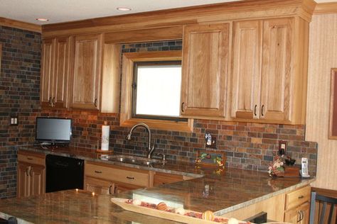 Kitchen Photos Hickory Cabinets with the slate backsplash! Hickory Kitchen Cabinets, Hickory Kitchen, Honey Oak Cabinets, Hickory Cabinets, Kitchens Cabinets, Mosaic Backsplash Kitchen, Cabinets Design, Farmhouse Backsplash, Beadboard Backsplash