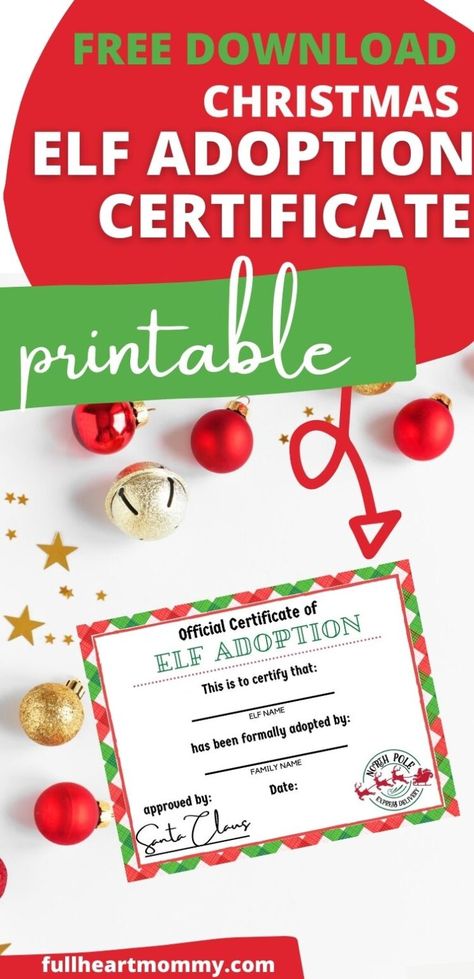 Want to make your elf on the shelf an official family member? This elf adoption certificate is free to download. Just print and fill out! Christmas traditions, elf on the shelf, free printable, Christmas activities for kids. Elf On The Shelf Adoption Certificate Free Printable, Elf On The Shelf Adoption Certificate, Elf Adoption Certificate Free Printable, Elf Certificate Free Printable, Elf Adoption Certificate Free, Free Printable Christmas Activities, Christmas Light Scavenger Hunt, Personalized Elf, Valentine Bingo