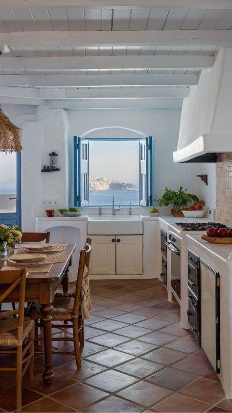 Greek Coastal Kitchen Greek Kitchen Design, Medditeranean Style Home, Coastal Kitchens, Greek Kitchen, Rustic Wooden Furniture, Blue Shutters, Mediterranean Kitchen, Kitchen Lounge, Coastal Kitchen