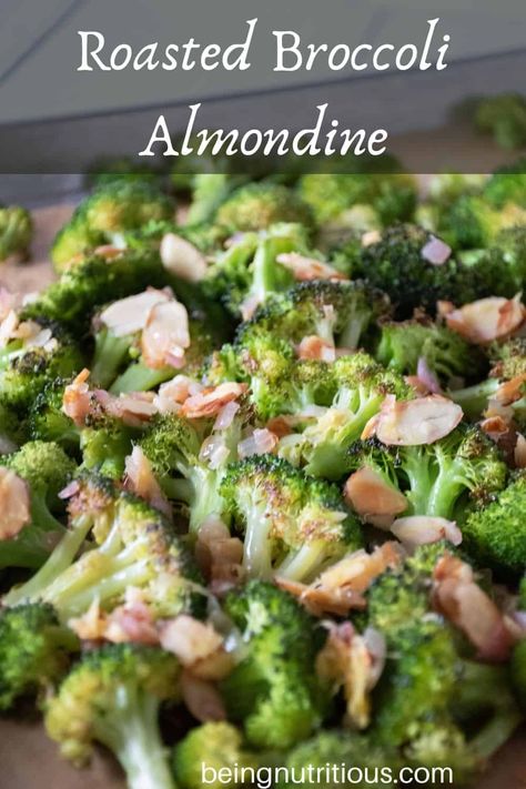 Roasted Broccoli Amandine is a unique take on an old classic. We swap the green beans for broccoli, and roast it until it's crispy, then toss it with a delicious, lemony almond topping for an easy side dish that's sure to impress! Roasted Broccoli Recipes, Brocolini Recipes, Almond Broccoli, Oven Baked Broccoli, Aip Foods, Crispy Broccoli, Heart Healthy Recipes Low Sodium, Roasted Broccoli Recipe, Cheesy Broccoli Casserole