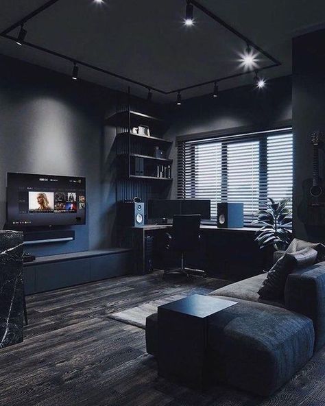 All Black Living Room, Mens Bedroom Decor, Home Studio Setup, Black Interior Design, Black Living Room, Bedroom Setup, Hiasan Bilik, Black Room, Studio Room