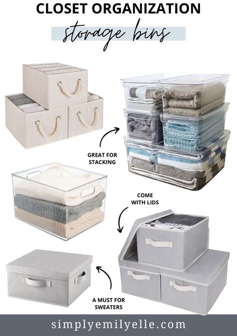 Closet organization, closet storage bins and baskets for storage Organization Bins Closet, Organizing Clothes On Shelves, Cupboard Organization Clothes, Closet Organizer Bins, Closet On A Budget, Organization Bins, Closet Organization Bins, How To Organize Your Closet, Messy Closet