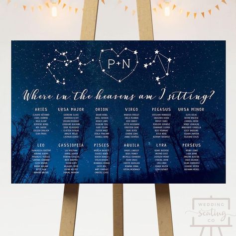 Starry Night Wedding Seating Chart for a star or galaxy themed reception  #nightsky #themedweddings Wedding Seating Chart Display, Constellation Wedding, Celestial Wedding Theme, Starry Wedding, Galaxy Wedding, Debut Ideas, Starry Night Wedding, Celestial Wedding, Night Wedding