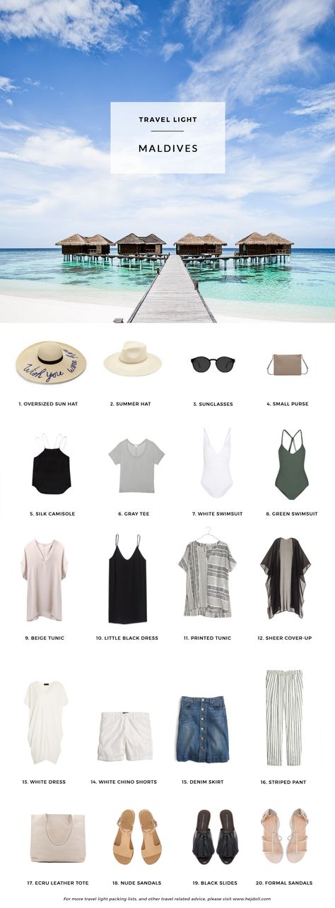 What to pack for a tropical escape to the Maldives. 20 items, 10+ days/outfits, 1 carry on suitcase. #travellight #packingtips #traveltips Travel Outfit Summer Tropical Vacations, Trendy Holiday Outfits, Beach Vacation Packing, Maldives Beach, Skirt Diy, Beach Packing, Holiday Packing, Packing List For Vacation, Travel Capsule