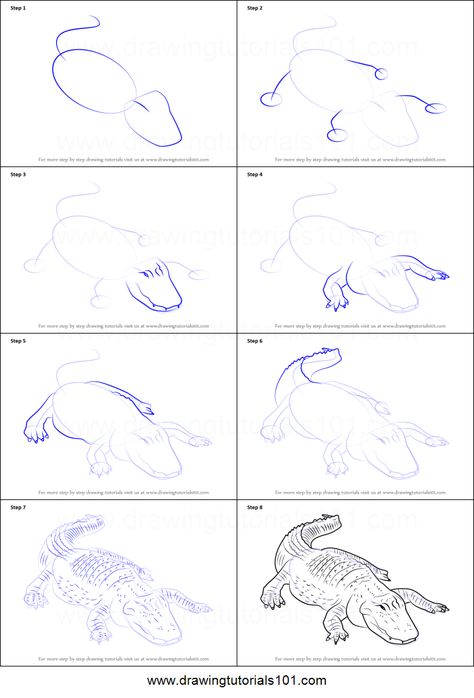 How to Draw an American alligator Printable Drawing Sheet by DrawingTutorials101.com Alligator Drawing Reference, How To Draw A Crocodile Step By Step, How To Draw Alligator, How To Draw An Alligator, Alligator Drawing Easy, Gator Drawing, Alligator Sketch, Alligator Printable, Alligator Drawing