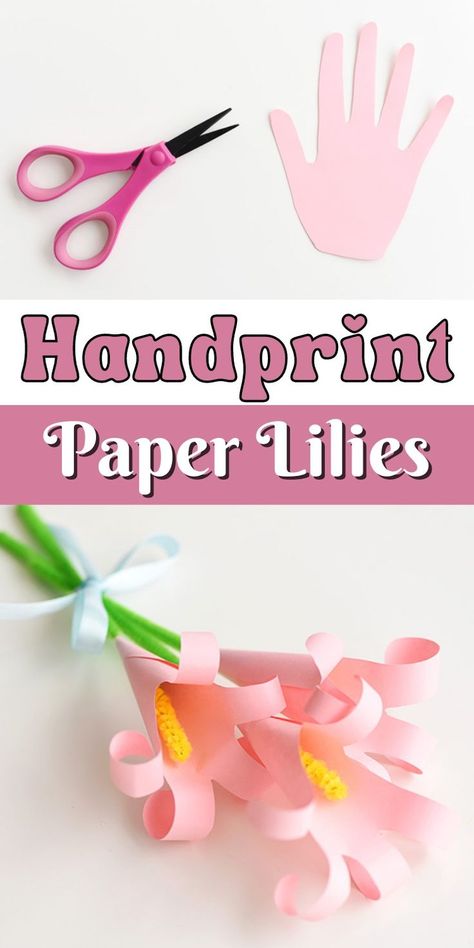 These handprint lilies are so easy to make and they look so beautiful! Who would have thought that you could make paper flowers using handprints!? If you make them with white paper they make lovely Easter lilies. Or you can use coloured paper and make a bouquet of handprint lilies for Mother’s Day. They’re such an awesome Mother’s day craft and a low mess Easter craft idea! Handprint Lilies, Make A Bouquet, Easter Lilies, Idea For Mother's Day, Easter Lily, Making A Bouquet, Handprint Crafts, Mothers Day Crafts For Kids, Paper Flowers Craft